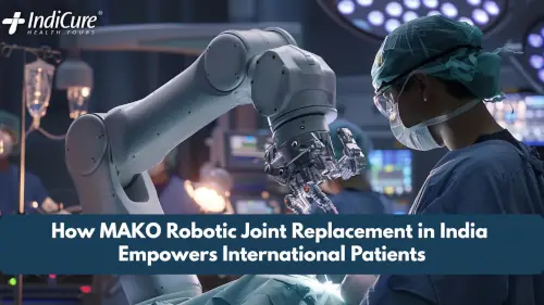 A professional surgeon in a sterile operating room using the Stryker MAKO robotic-arm system for a joint replacement procedure, featuring the IndiCure Health Tours logo and the blog title.